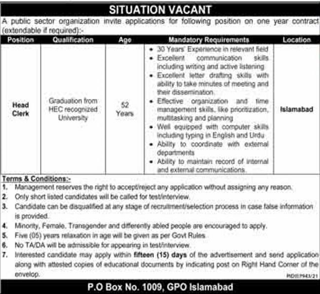 Head Clerk in Islamabad