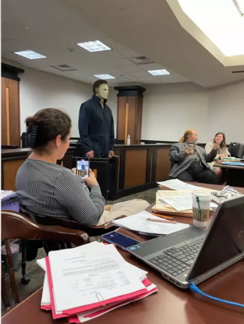 Michael Myers Costume Wear by Mark Metzger inside the courtroom 3 Michael Myers Costume